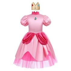 11 X IBTOM CASTLE GIRLS PRINCESS PEACH COSTUME SHORT PUFF SLEEVE PRINCESS LONG DRESS WITH CROWN HALLOWEEN CARNIVAL COSTUMES CHRISTMAS BIRTHDAY PAGEANT PARTY FANCY DRESSES FOR KIDS PINK 5-6 YEARS - TO