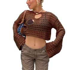 18 X ZBUF WOMEN'S HOLLOW OUT CROCHET KNIT SWEATER CROP TOPS LONG SLEEVE SWEATER CROPPED JUMPER COVER UP PULLOVER TOPS Y2K STREETWEAR (01-BROWN,XL) - TOTAL RRP £199: LOCATION - C RACK