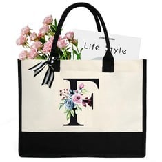 16 X CHIREST PERSONALIZED INITIAL CANVAS TOTE BAG FOR WOMEN,MONOGRAMMED A-Z GIFT TOTE BAG FOR WEDDING, BIRTHDAY, HOLIDAY. PRESENT BEACH BAG FOR WOMEN, MOM, BRIDESMAIDS,TEACHERS.(F) - TOTAL RRP £169: