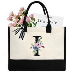 8 X CHIREST PERSONALIZED INITIAL CANVAS TOTE BAG FOR WOMEN,MONOGRAMMED A-Z GIFT TOTE BAG FOR WEDDING, BIRTHDAY, HOLIDAY. PRESENT BEACH BAG FOR WOMEN, MOM, BRIDESMAIDS,TEACHERS.(I) - TOTAL RRP £94: LO