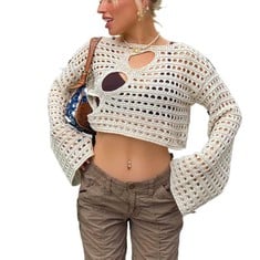 13 X ZBUF WOMEN'S HOLLOW OUT CROCHET KNIT SWEATER CROP TOPS LONG SLEEVE SWEATER CROPPED JUMPER COVER UP PULLOVER TOPS Y2K STREETWEAR (01-BEIGE,L) - TOTAL RRP £162: LOCATION - D RACK