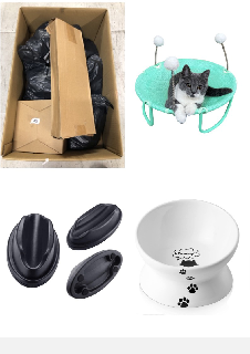 QUANTITY OF ASSORTED ITEMS TO INCLUDE NOCKOVI ROUND ELEVATED CAT HAMMOCK BED WITH REMOVABLE SPRING LOADED FUR BALL TOY AND WASHABLE BREATHABLE MESH FABRIC SMALL PET BED FOR SMALL ANIMALS SLEEPING UP