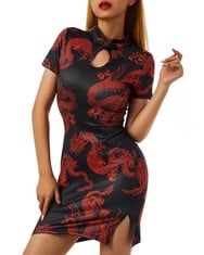 12 X ALBUM CHINESE CHEONGSAM DRESS FOR WOMEN SHORT SLEEVE SEXY FROG BUTTON MOCK-NECK DRAGON HOLLOW HIP DRESS LADIES CLUB SPLIT (RED, S) - TOTAL RRP £110: LOCATION - E RACK