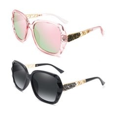 QUANTITY OF LA BICOQUE OVERSIZED POLARIZED SUNGLASSES FOR WOMEN, WOMENS SUNGLASSES POLARIZED UV PROTECTION, SQUARE SPARKLING SUNGLASSES WOMENS TRENDY 2023 DESIGNER (BLACK + PINK) - TOTAL RRP £195: LO