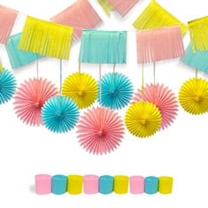 29 X RAINBOW PARTY DECORATION KIT BY KISS MIX - 21 PIECES COLOURFUL CREPE PAPER STREAMERS, FANS AND GARLANDS FOR BIRTHDAY, CHRISTMAS, VALENTINES AND ANNIVERSARY PARTIES - TOTAL RRP £121: LOCATION - E