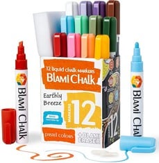 34 X BLAMI ARTS CHALK MARKER, 12 COLORS LIQUID CHALK PENS, NON-TOXIC, WATER-BASED LIQUID, ERASABLE FOR GLASS, METAL, CHALKBOARDS, PLASTIC, REVERSIBLE TIPS AND ERASING SPONGE INCLUDED - TOTAL RRP £351