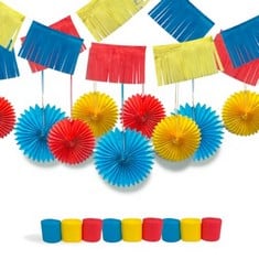 26 X RAINBOW PARTY DECORATION KIT BY KISS MIX - 21 PIECES COLOURFUL CREPE PAPER STREAMERS, FANS AND GARLANDS FOR BIRTHDAY, CHRISTMAS, VALENTINES AND ANNIVERSARY PARTIES - TOTAL RRP £108: LOCATION - F