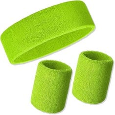 24 X KOMUNJ HEADBAND AND WRISTBANDS SWEATBANDS SET, 80S SWEATBAND SET NEON GREEN RETRO 80'S HEADBAND & WRIST SWEATBAND NEON 80S FUN RUN TEAM BUILDING EVENT FANCY DRESS (GREEN) - TOTAL RRP £100: LOCAT