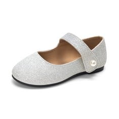 12 X HEVA CLASSIC MARY JANE SHOES FOR GIRLS HOOK AND LOOP WEDDING DRESS FLATS SCHOOL SHOES(8UK 25EU,GLITTER SILVER) - TOTAL RRP £96: LOCATION - F RACK