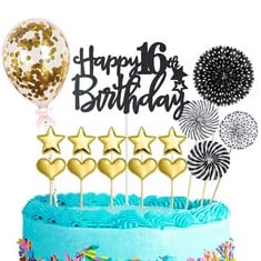 QUANTITY OF 16PCS HAPPY 16TH BIRTHDAY CAKE TOPPER BLACK GOLD FOR BOY&GIRL,GLITTER PERSONALISED CAKE TOPPER CUPCAKE TOPPERS,CAKE TOPPERS KIT 16TH BIRTHDAY CAKE DECORATIONS,HAPPY BIRTHDAY 16TH SIGN FOR