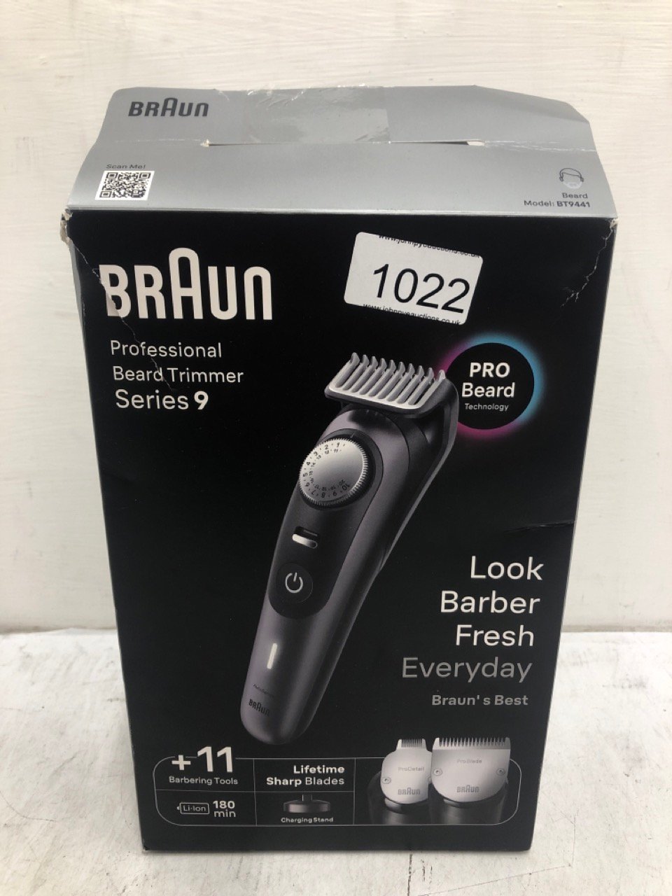 BRAUN BEARD TRIMMER SERIES 9 BT9441, BEARD TRIMMER MEN RECHARGEABLE, TRIMMER WITH BARBER TOOLS AND 180-MIN RUNTIME, HAIR AND BEARD TRIMMERS FOR MEN, BLACK.: LOCATION - FRONT RACK