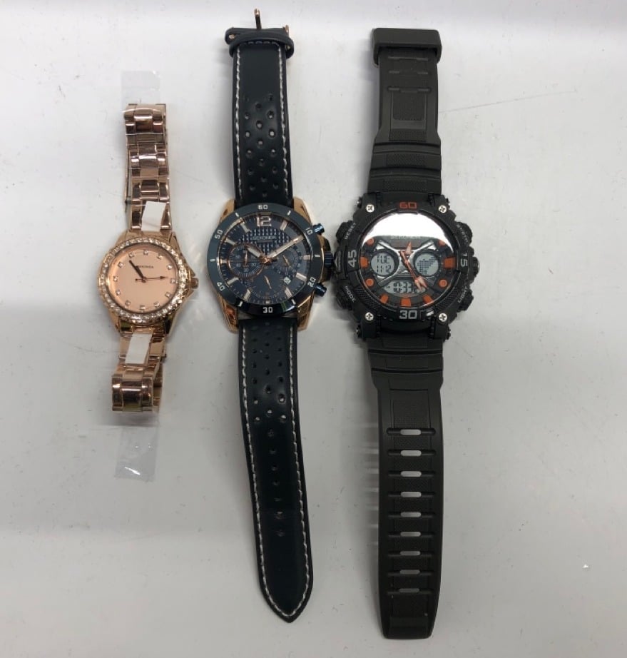 QUANTITY OF ASSORTED WATCHES TO INCLUDE SEKONDA MENS WATCH BLACK LEATHER STRAP BLACK FACE GOLD ACCENTS: LOCATION - A RACK