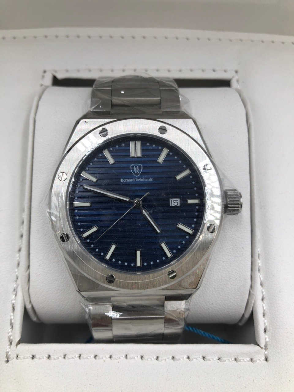 MENS BERNARD REINHARDT WATCH-BLUE DIAL-316 STAINLESS STEEL CASE & STRAP-SWISS MOVEMENT-SAPPHIRE CRYSTAL-5ATM WATER RESISTANT-GIFT BOX-EST WATCH £960:: LOCATION - TOP 50