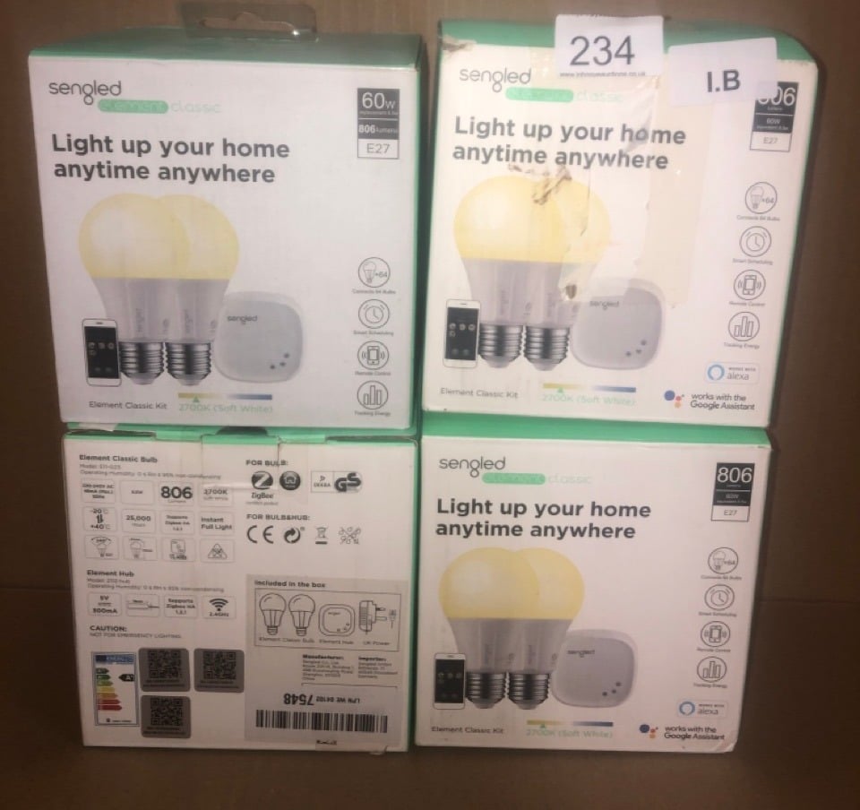 4 X SENGLED ELEMENT CLASSIC SMART E27 BASE, DIMMABLE LED LIGHT SOFT WHITE 2700K 60W EQUIVALENT, STARTER KIT (2 A60 BULBS + HUB), WORKS WITH ALEXA AND GOOGLE ASSISTANT.: LOCATION - B RACK