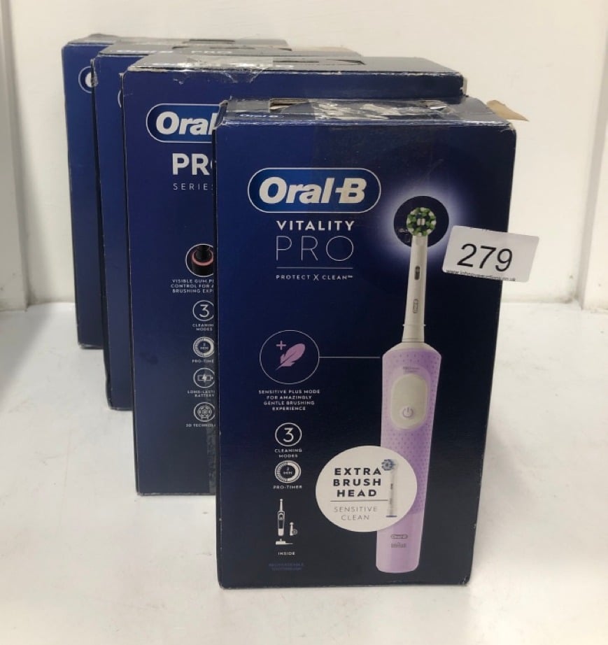 QUANTITY OF HEALTH & BEAUTY ITEMS TO INCLUDE ORAL-B VITALITY PRO ELECTRIC TOOTHBRUSHES FOR ADULTS,1 HANDLE, 2 TOOTHBRUSH HEADS, 3 BRUSHING MODES INCLUDING SENSITIVE PLUS,  UK PLUG, PURPLE: LOCATION -