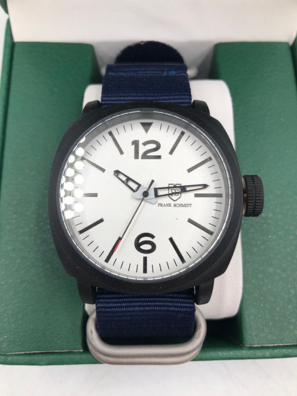 MENS FRANK SCHMIDT WATCH - LARGE BLACK CASE - WHITE PILOT DIAL - BLUE FABRIC STRAP - 3ATM WATER RESISTANT - RRP £290: LOCATION - TOP 50