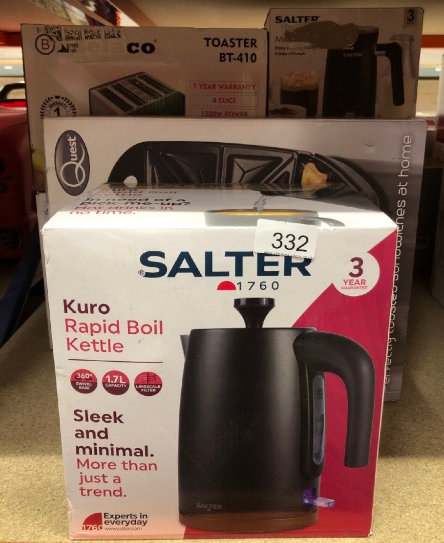 QUANTITY OF KITCHEN & APPLIANCES ITEMS TO INCLUDE SALTER EK5632MBLK KURO ELECTRIC 1.7L KETTLE - 3000W RAPID BOIL, ANTI-LIMESCALE FILTER, AUTO SHUT-OFF, BOIL-DRY SENSOR, 360° SWIVEL BASE, EASY VIEW WA