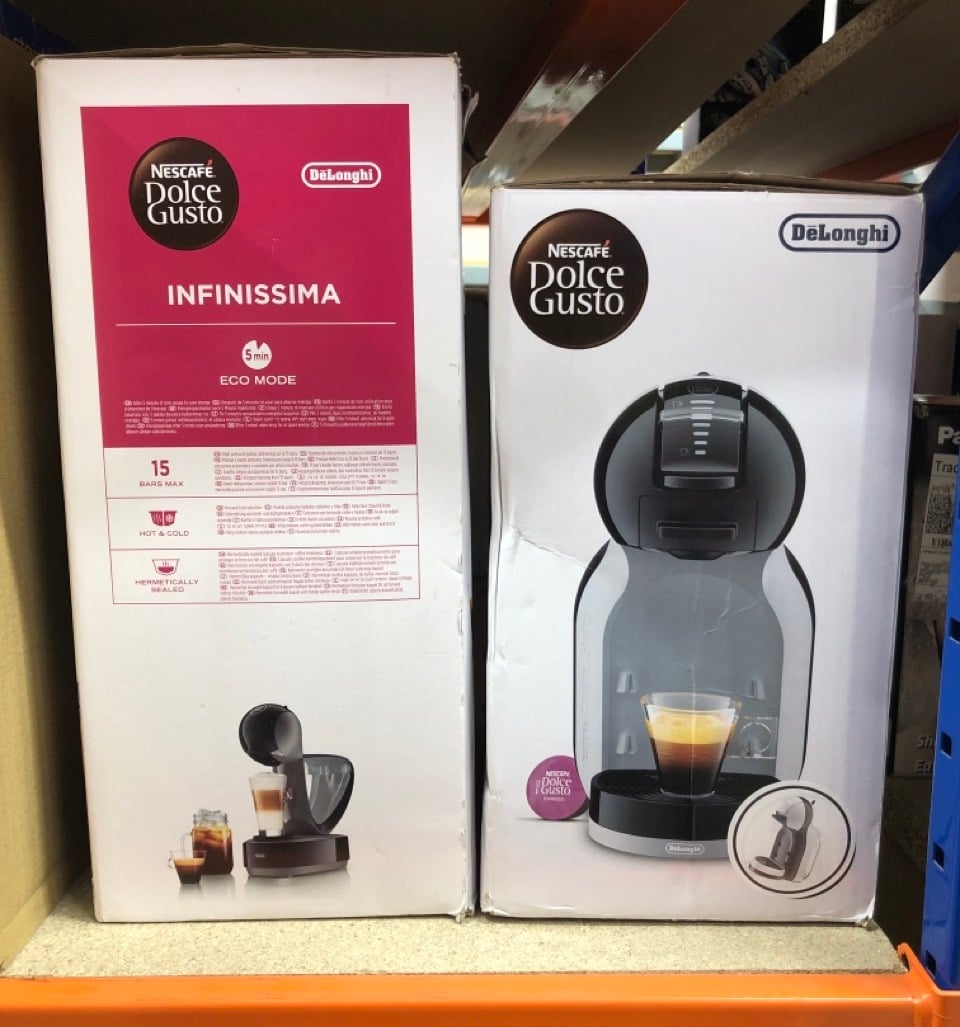 DELONGHI NESCAFÉ DOLCE GUSTO MINI ME POD CAPSULE COFFEE MACHINE, ESPRESSO, CAPPUCCINO AND MORE, EDG305.WB, WHITE & BLACK + DOLCE GUSTO INFINISSIMA COFFEE MACHINE: LOCATION - B RACK