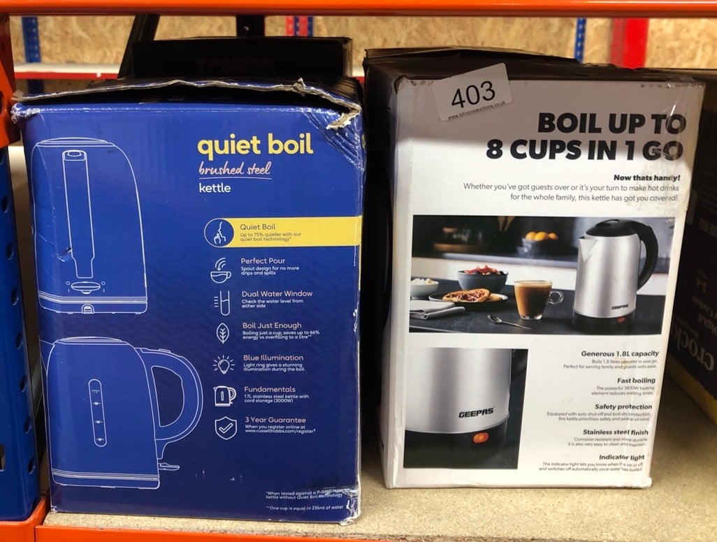 QUANTITY OF KITCHEN & APPLIANCES ITEMS TO INCLUDE RUSSELL HOBBS BRUSHED STAINLESS STEEL ELECTRIC 1.7L CORDLESS KETTLE (QUIET & FAST BOIL 3KW, REMOVABLE WASHABLE ANTI-SCALE FILTER, PUSH BUTTON LID, PE