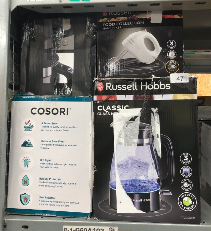 QUANTITY OF KITCHEN & APPLIANCES ITEMS TO INCLUDE RUSSELL HOBBS FOOD COLLECTION ELECTRIC HAND MIXER WITH 6 SPEEDS, EASY RELEASE BUTTON, FINGERTIP SPEED CONTROL, CHROME BEATERS, WRAP AROUND CORD STORA