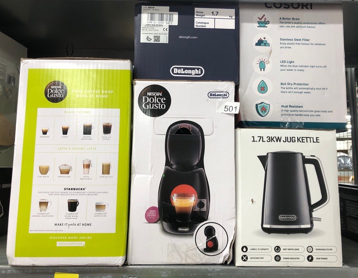 QUANTITY OF KITCHEN ITEMS TO INCLUDE DELONGHI NESCAFÉ DOLCE GUSTO MINI ME POD CAPSULE COFFEE MACHINE, ESPRESSO, CAPPUCCINO AND MORE, EDG305.WB, WHITE & BLACK: LOCATION - C RACK