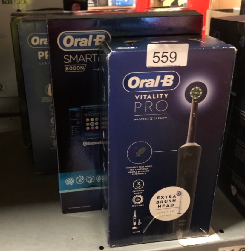 QUANTITY OF ITEMS TO INCLUDE ORAL-B VITALITY PRO ELECTRIC TOOTHBRUSHES FOR ADULTS, FOR HIM / HER, 1 HANDLE, 2 TOOTHBRUSH HEADS, 3 BRUSHING MODES INCLUDING SENSITIVE PLUS,  UK PLUG, BLACK (PACKING MAY