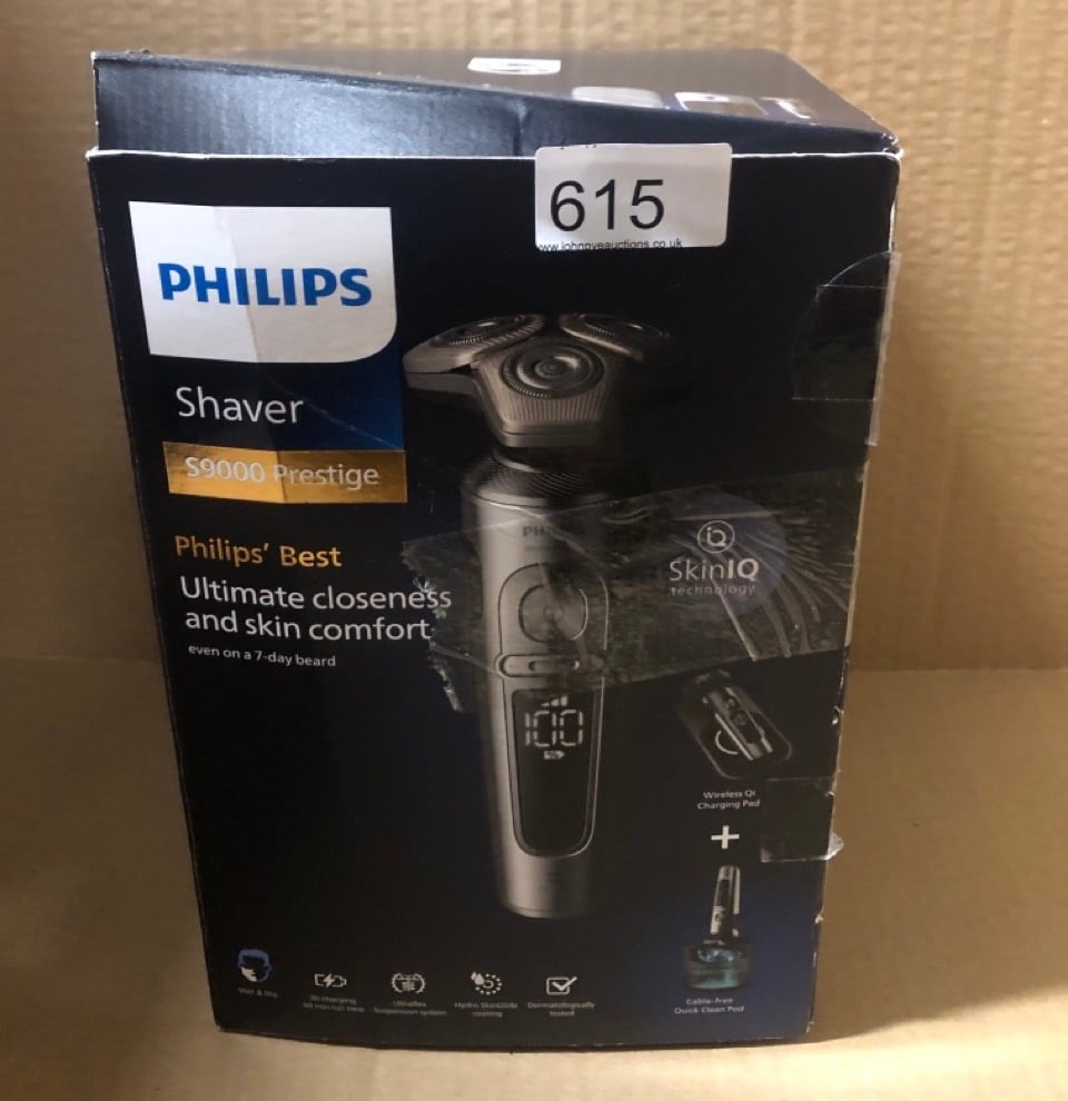 1 X PHILIPS SHAVER SERIES 9000 PRESTIGE WET & DRY ELECTRIC SHAVER LIFT & CUT SHAVING SYSTEM SKINIQ TECHNOLOGY, BEARD STYLER, NOSE TRIMMER, QI CHARGING PAD, MODEL SP9885/35 BRIGHT CHROME BRUSHED.: LOC