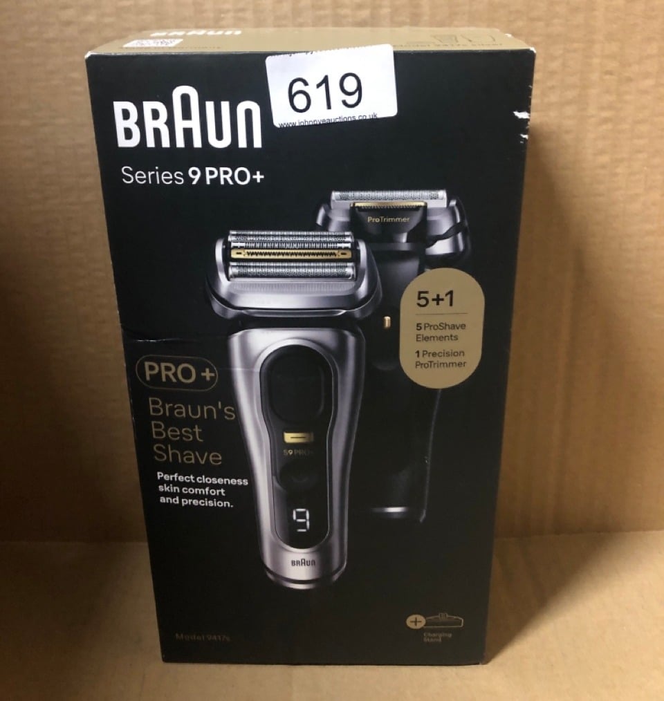 1 X BRAUN SERIES 9 PRO + ELECTRIC SHAVER WITH 3+1 HEAD, PROLIFT TRIMMER, CHARGING STAND & TRAVEL CASE, SONIC TECHNOLOGY, UK  PLUG, 9417S.: LOCATION - D RACK