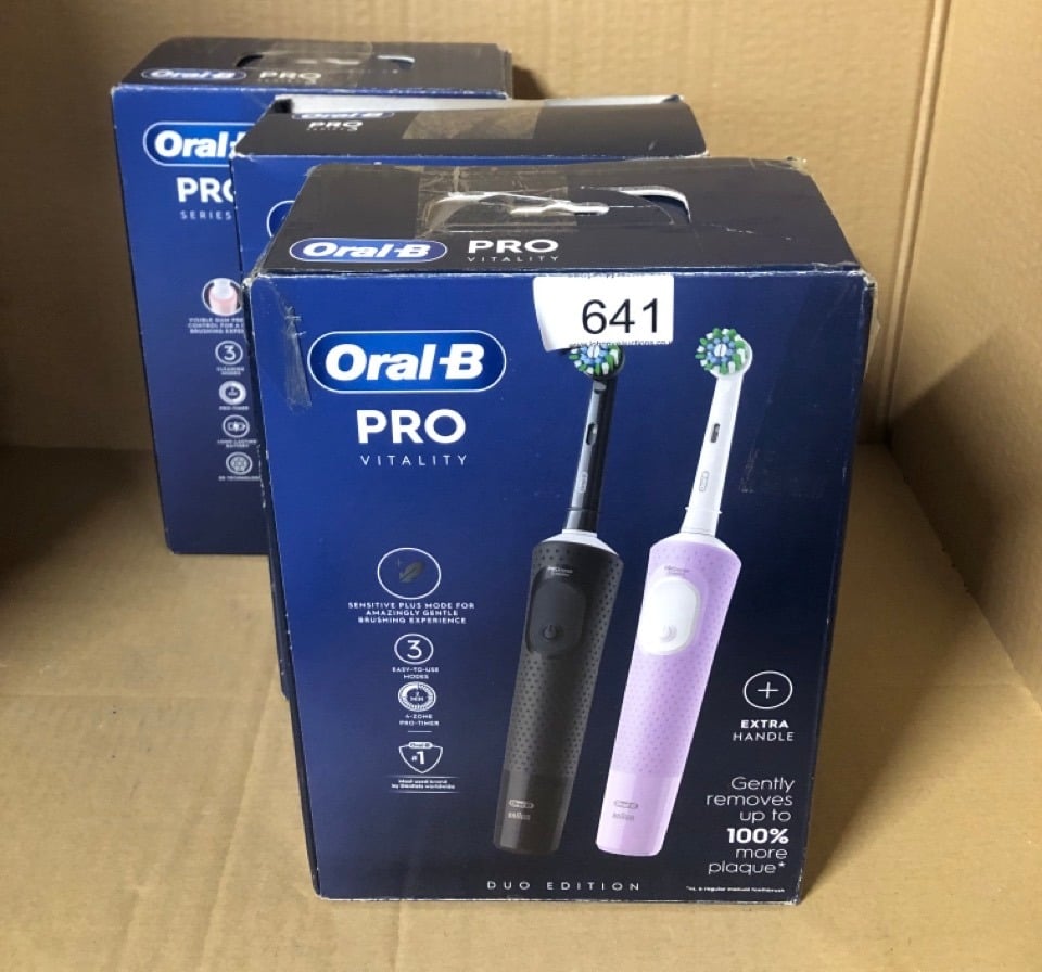 QUANTITY OF HEALTH & BEAUTY ITEMS TO INCLUDE ORAL-B VITALITY PRO 2X ELECTRIC TOOTHBRUSHES FOR ADULTS, 2 TOOTHBRUSH HEADS, 3 BRUSHING MODES INCLUDING SENSITIVE PLUS,  UK PLUG, BLACK & PURPLE: LOCATION