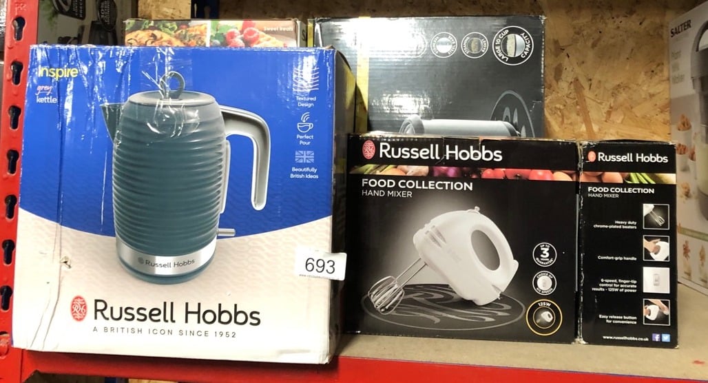 QUANTITY OF KITCHEN & APPLIANCES ITEMS TO INCLUDE RUSSELL HOBBS FOOD COLLECTION ELECTRIC HAND MIXER WITH 6 SPEEDS, EASY RELEASE BUTTON, FINGERTIP SPEED CONTROL, CHROME BEATERS, WRAP AROUND CORD STORA