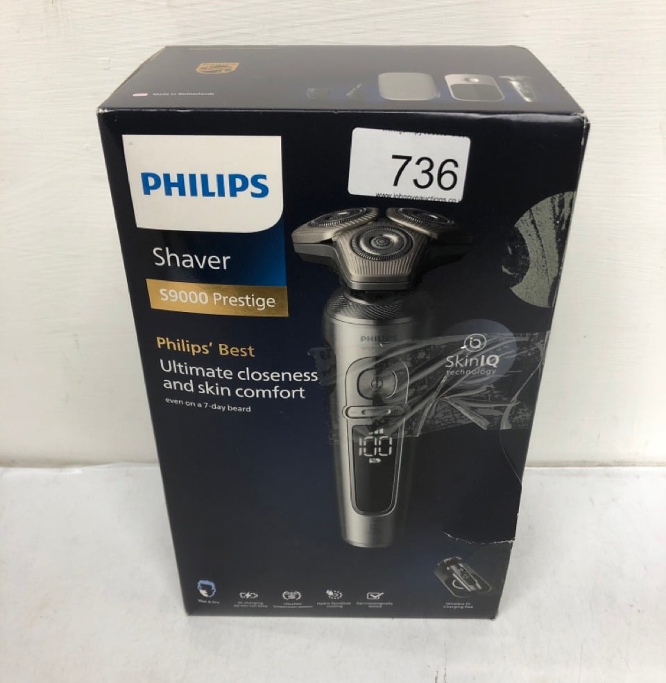 QUANTITY OF ITEMS TO INCLUDE PHILIPS SHAVER SERIES 9000 PRESTIGE, WET AND DRY ELECTRIC SHAVER, BRIGHT CHROME, LIFT & CUT SHAVING SYSTEM, SKIN IQ TECHNOLOGY, QI CHARGING PAD, BEARD STYLER, NOSE TRIMME