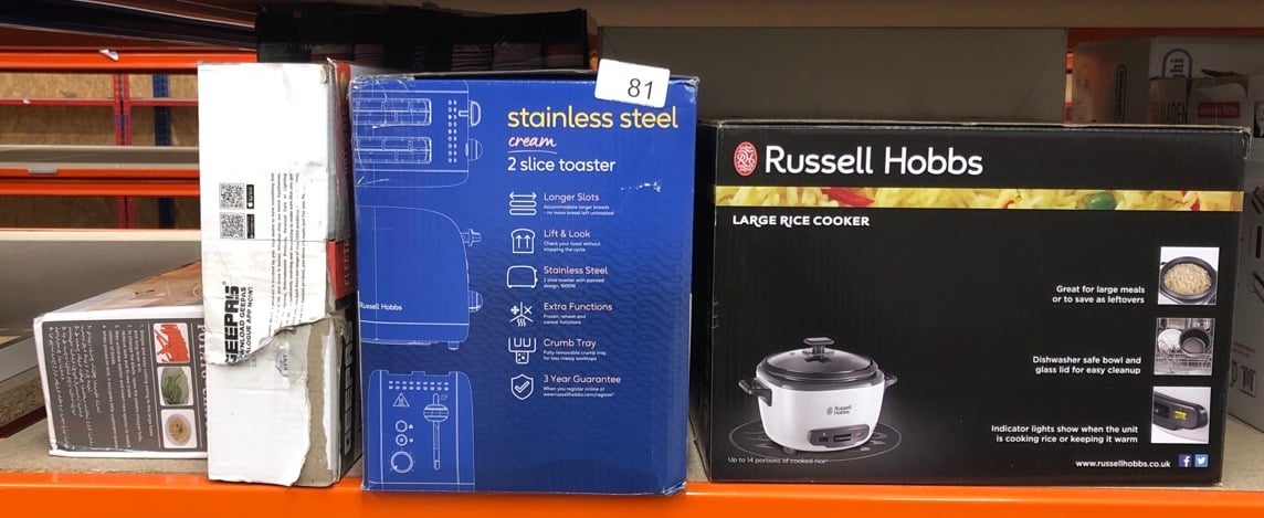 QUANTITY OF KITCHEN & APPLIANCES ITEMS TO INCLUDE RUSSELL HOBBS 27040 LARGE RICE COOKER - UP TO 14 SERVINGS WITH STEAMER BASKET, MEASURING CUP AND SPOON INCLUDED, DISHWASHER SAFE PARTS, 500 W, WHITE: