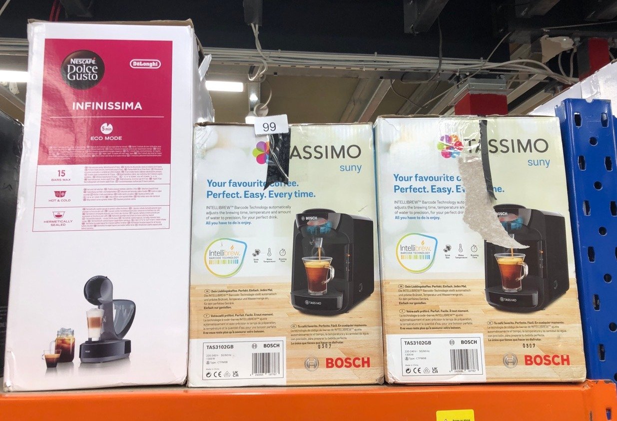 QUANTITY OF ITEMS TO INCLUDE TASSIMO BY BOSCH SUNY 'SPECIAL EDITION' TAS3102GB COFFEE MACHINE,1300 WATT, 0.8 LITRE - BLACK: LOCATION - A RACK