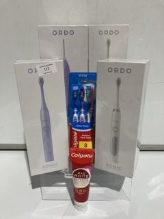 3X ORDO SONIC ELECTRIC TOOTHBRUSH IN WHITE/GREEN/PURPLE + COLGATE MAX WHITE TOOTHPASTE + COLGATE 3 PACK TOOTHBRUSHES