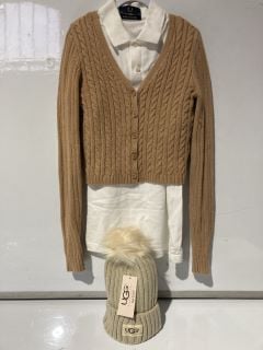 UGG WOOLY HAT CREAM + HOLLISTER CARDIGAN BROWN SIZE S + FRED PERRY WHITE BUTTONED SHIRT SIZE S + LEVI'S DENIM JEANS SIZE 33X28