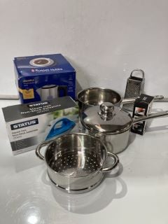 BOX OF ITEMS TO INCLUDE RUSSELL HOBBS STEEL KETTLE