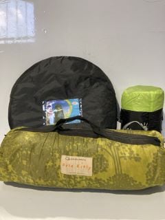 WIND TOUR SLEEPING BAG + GREEN/LIME TENT + POP UP TENT