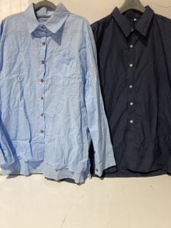 BOX OF CLOTHING TO INCLUDE COTTON NAVY SHIRT SIZE 2XL