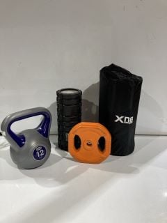 GYM EQUIPMENT ITEMS TO INCLUDE XN8 SPORT ACUPUNCTURE MASSAGE KIT, 12KG KETTLEBELL, 5KG PLATE, FOAM ROLLER