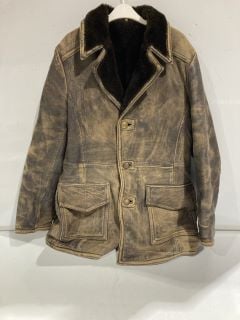 BOX OF CLOTHING TO INCLUDE BROWN LEATHER LOOK JACKET