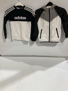 BOX OF CHILDRENS CLOTHING TO INCLUDE ADIDAS BLACK TRACKSUIT BOTTOMS AGE 8