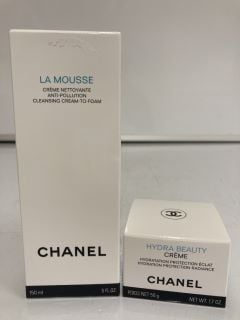 A COLLECTION OF CHANEL TO INCLUDE LA MOUSSE CLEANSING CREAM TO FOAM 150ML (3145891414509) HYDRA BEAUTY CREAM 50G (3145891430301) TOTAL RRP £121