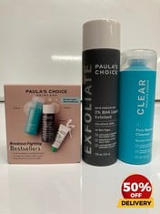 COLLECTION OF PAULAS CHOICE TO INCLUDE CLEAR PORE NORMALIZING CLEANSER 177ML BHA LIQUID EXFOLIANT 236ML RRP £68