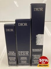 COLLECTION OF ITEMS TO INCLUDE DIORSHOW KABUKI BROW STYLER LIGHT BROWN  DIOR FOREVER GLOW MAXIMISER HIGHLIGHTER 11ML TOTAL RRP £132