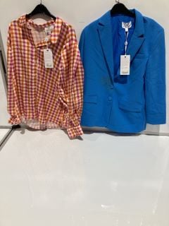 BOX OF PREMIUM DESIGNER APPAREL TO INCLUDE FOREVER UNIQUE ORANGE GINGHAM PRINT SHIRT WITH BALLOON SLEEVES SIZE 18