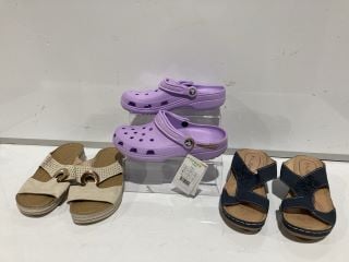 BOX OF SHOES TO INCLUDE PURPLE CROCS SIZE M5/W6