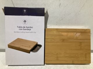 BOX OF HOUSEHOLD ITEMS TO INCLUDE BAMBOO CUTTING BOARD WITH TRAY