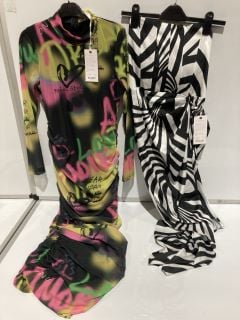 BOX OF PREMIUM DESIGNER APPAREL TO INCLUDE FOREVER UNIQUE MULTI COLOURED PRINT RUCHED MESH MIDI DRESS SIZE 12