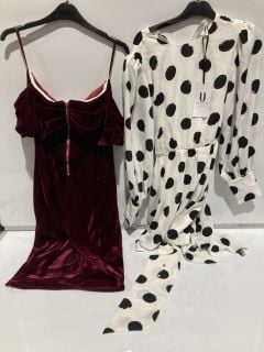 BOX OF PREMIUM DESIGNER APPAREL TO INCLUDE FOREVER UNIQUE RED VELVET DRESS SIZE 8