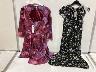 BOX OF PREMIUM DESIGNER APPAREL TO INCLUDE CHI CHI BERRY DRAPE DETAIL FLORAL MIDI DRESS SIZE 10